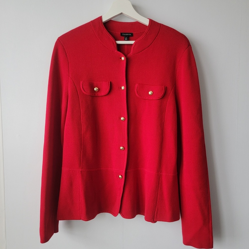 talbots women's knit sweater sz M red gold buttons Office Workwear Preppy